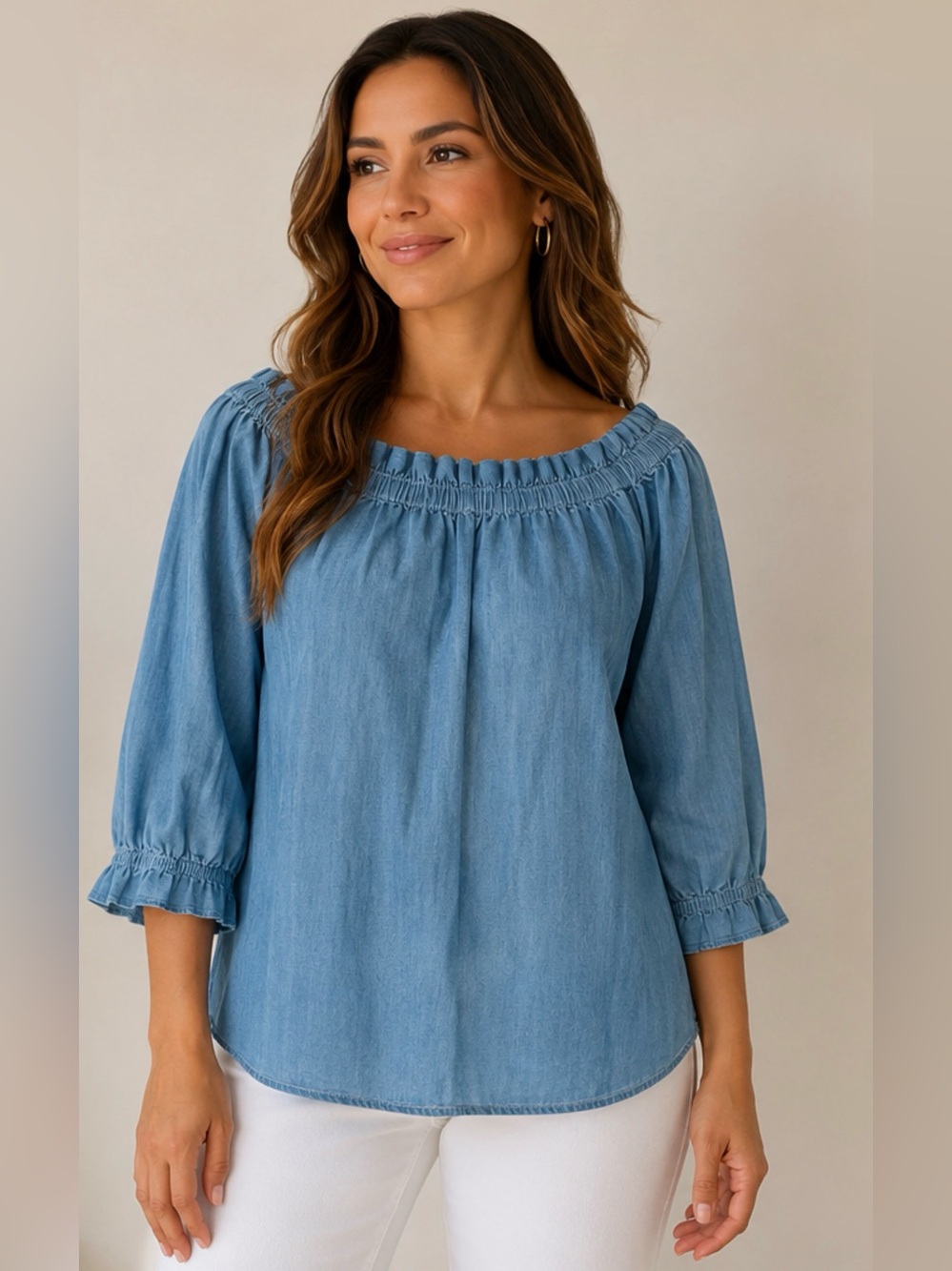 STYLE ENVY || Chambray Off-The-Shoulder Top. Sz. XL
